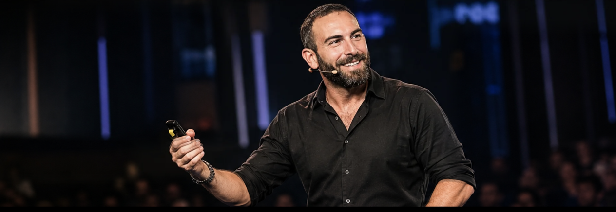 Luciano Rubino durante uno speaking, con microfono e telecomando